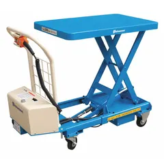 This powered scissor lift table from BISHAMON has a 660 lb load capacity and a platform size of 32 1/4 in L x 19 3/4 in W. It is constructed of steel and features a single-stage design for manual push operation. Used in industrial material handling for raising and positioning loads at workstations, assembly lines, or warehouses.