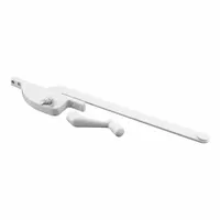 This left-hand window operator is designed for casement windows, featuring a 4-inch base length and a powder-coated white finish. It mounts on the window frame and includes a crank handle for opening and closing the sash. Suitable for residential and light commercial applications