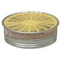 Threaded cartridge from the MSA Comfo Twin-Cartridge Series, color-coded yellow for Chlorine Dioxide (CD) protection. NIOSH-rated for use with MSA Comfo Classic, Ultra-Twin, Ultra Elite Twin, and Duo-Twin reusable respirators. Supplied in a 10-pack for industrial environments where chlorine dioxide gas is present.