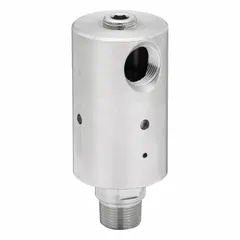 This DUFF-NORTON rotary union is a straight, plain stainless steel rotating joint with a single passage. It features a 3/4" threaded rotating shaft and a carbon graphite seal, with a maximum speed of 1000 rpm. Commonly used to transfer fluid or gas from a stationary supply line into rotating machinery in industrial processing applications.