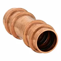 This STREAMLINE straight coupling is a press-fit tube fitting for joining copper or bronze tubing in refrigeration systems. It connects two 3/4 in CTS tubes with press-fit x press-fit ends, forming a leak-free joint. The fitting is made of copper or bronze material