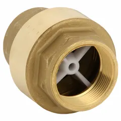 This BONOMI inline disc check valve is made of lead-free brass with 1-1/2 inch female NPT threads on both ends. It is designed for backflow prevention in plumbing and industrial piping systems, allowing flow in one direction and preventing reverse flow. The compact inline body suits installations in tight spaces.