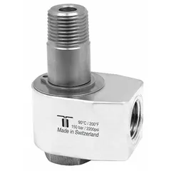 This nickel-plated C38500 brass rotating joint features a single passage and a 3/8 in threaded rotating shaft, rated for a maximum speed of 30 RPM. The elbow configuration allows fluid transfer in tight spaces where a right-angle connection is required. Suitable for low-speed rotary applications such as indexing tables and reels.
