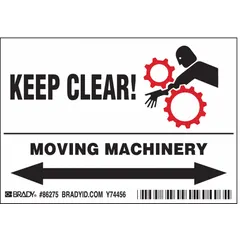 Polyester adhesive sign with nominal size 3 1/2 x 5 in, 0.01 in thick. Sold in packs of 5. Not retroreflective, not glow-in-the-dark, no anti-slip surface. Applied to equipment or surfaces near moving machinery to warn personnel of hazards.
