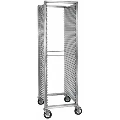 This full-size utility rack holds 18 x 26 in sheet pans across 39 slots spaced 1 1/2 in apart. Constructed of gray aluminum, it measures 69 5/8 in high by 21 7/8 in wide and supports up to 250 lb. NSF certified, it is suited for end-loading storage and transport in commercial foodservice operations.