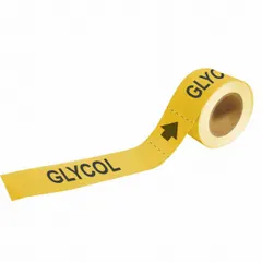 Yellow adhesive pipe marker with black legend reading 'Glycol' and directional arrows. Fits pipe outer diameters from 2-1/2 to 6 inches. Supplied on a roll of 25 markers for convenient application in industrial piping systems.
