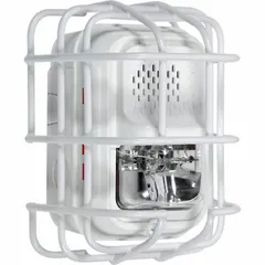 Steel wire cage guard for indoor wall-mount protection of L Series horns/strobes against vandalism and accidental damage. White finish, surface-mount design with included mounting hardware. Overall depth 4 in, overall length 6 3/16 in. Does not include alarm.