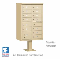 This horizontal multi-unit mailbox features 14 lockable front-access doors for secure mail distribution. Designed for pedestal mounting, it measures 62 inches high by 30 1/2 inches wide by 18 inches deep. Suitable for centralized mail delivery in multi-tenant residential or commercial settings.