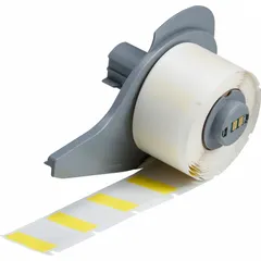 Yellow matte vinyl wraparound label sized 1 in x 1 in, designed for wire gauges from 16 AWG to 8 AWG. Compatible with BMP71 printer series, requires M7-R4300 ribbon. Used for permanent identification and marking of wires in industrial panel building, electrical maintenance, and wire harness assembly.