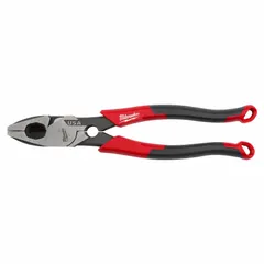 9 in overall length lineman's pliers with flat jaw design. Jaw length 1 7/8 in, width 1 1/4 in, thickness 5/8 in. Features Comfort Grip handle and built-in Fish Tape Puller. Used for gripping, cutting, and pulling wire in electrical and general industrial applications.