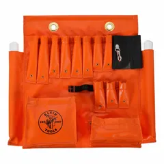 This orange vinyl apron is designed for organized tool storage in aerial bucket applications. It measures 24 inches wide by 23 inches high by 23 inches long, providing ample space for tools and accessories while working at height.