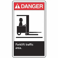 Set of five adhesive-mounted vinyl signs warning of forklift traffic hazards. Each sign measures 5 in x 3 1/2 in with a thickness of 0.02 in. Suitable for indoor use on clean, dry surfaces in industrial environments where forklift traffic is present.