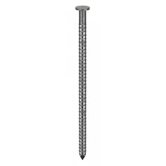 Collated framing nails with a 3-inch length, flat head, ring shank, and diamond point. Galvanized finish provides corrosion resistance. Suitable for heavy-duty framing, sheathing, and decking applications.