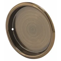 This steel tray pull features an Antique Brass finish in Brown. It has unthreaded holes for mounting and is used as a flush, low-profile handle for cabinet trays and drawers in commercial or industrial settings.