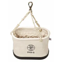 Off-white canvas bucket bag with open top and 15 pockets for organizing tools. Features a single handle with snap hook and tripod suspension for hanging on ladders or tripods. Suitable for carrying hand tools on job sites.
