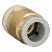 This SMC push-to-connect x BSPT adapter fitting connects 10 mm OD tubing to a 3/8" BSPT male threaded port. Made of brass with a white finish, it is used in pneumatic systems for compressed air and vacuum applications. Typical uses include industrial automation, packaging, and material handling equipment