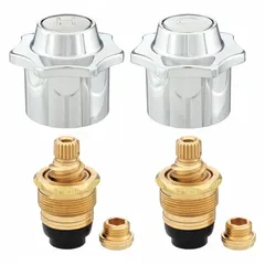 Brass knob faucet handle with chrome finish, designed for hot/cold water control. Includes seats and stems. Compatible with American Standard fixtures. Suitable for replacement in commercial or institutional settings.