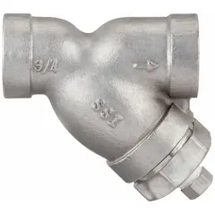 This Y strainer features a 304 stainless steel body, seal, and screen for corrosion resistance in liquid or gas pipelines. It has a 1-1/2 in NPT connection and a perforated screen with 0.0313 in openings to remove solid particles, protecting downstream equipment such as pumps and valves. Height is 7-1/8 in.