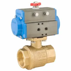Brass pneumatically-actuated two-way ball valve with full port design. Features 1/4 in FNPT x FNPT connections and 110V AC pilot solenoid. Used for on/off flow control in industrial fluid systems such as water, oil, and gas.
