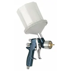 This HVLP spray gun features an aluminum body with a 1/4 in NPT air inlet and 13.5 cfm air consumption at 23 psi. It delivers a spray pattern of 11 to 12 inches and is suited for applying primers, coatings, and paints. Includes an adapter.