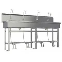 Four-station freestanding wash station with faucets, constructed from 16-gauge material. Features a 77-inch bowl length, 8-inch bowl depth, and 2 gpm flow rate. Side splash not included. Suitable for high-traffic commercial or industrial handwashing applications.