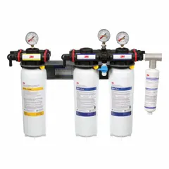 Multi-purpose water filter system with prefilter wrap media, reduces chlorine taste. Includes four filters. Flow rate 7 gpm, capacity 70,000 gallons, NPT connections, overall height 18 3/4 in. Suitable for point-of-entry or point-of-use applications requiring general water filtration.