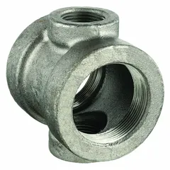 Low-pressure threaded pipe cross with 2 in x 2 in x 1 in x 1 in configuration. Features four threaded connections and Class 125 rating. Maximum operating pressure 175 psi at -20° to 150°F. Used to split flow in four directions in piping systems for water, air, and non-corrosive fluids.