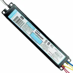 Instant start electronic ballast for operating three F32T8 fluorescent lamps at 32 watts each. Input voltage range 120-277V AC. Overall length 9 1/2 inches. Suitable for commercial and industrial lighting systems using T8 lamps.