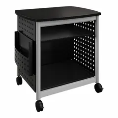 Black media cart with swivel base, overall dimensions 26 1/2 in high, 26 1/2 in wide, 20 1/2 in deep. Suitable for holding printers or other office equipment in workstations or meeting areas.