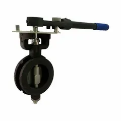 This carbon steel high-performance butterfly valve features a wafer-style body with RPFTE liner and lever handle. Designed for 4-inch pipe systems, it has a maximum pressure rating of 285 psi CWP. Suitable for on-off or throttling service in industrial piping applications.
