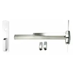 Surface-mounted vertical rod exit device with touchbar and night latch. Chrome finish. For doors up to 3 ft wide. Provides egress actuation for commercial door applications.
