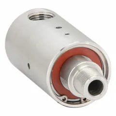 This DUFF-NORTON rotary union is a straight, plain stainless steel rotating joint with one passage. It features a 1/2" threaded rotating shaft and a carbon graphite seal, with a maximum speed of 1000 rpm. Used to transfer fluid or gas from a stationary supply line into a rotating shaft or drum in industrial machinery.
