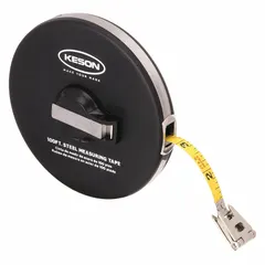 Manual closed-reel long tape measure with a 100 ft / 30 m double-sided stainless steel blade. Features 1/8 in and 2 mm graduations and a nonmagnetic single hook end. Suitable for distance measurement in construction, surveying, and industrial layout applications.