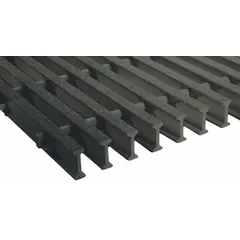This pultruded fiberglass grating is designed for corrosive environments requiring structural support. It serves as flooring, walkways, and platforms in chemical plants, refineries, and wastewater facilities. Nominal size: 4 ft x 10 ft (WxL).
