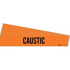 Orange adhesive pipe marker with black legend reading 'Caustic' for identifying pipes carrying caustic substances. Fits pipe outer diameters of 8 inches and larger. Sold in a 5-pack, each marker is without arrows. Used in industrial piping systems to indicate hazardous contents.