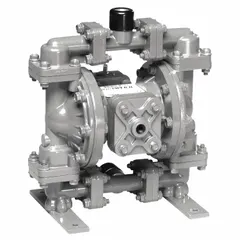 Air-operated double diaphragm pump with 316 stainless steel housing. Features 1/2 in NPT connections, 15 gpm flow capacity, PE seat, and Buna-N check valves. Suitable for fluid transfer in industrial applications requiring corrosion resistance.