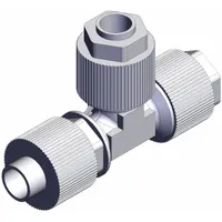 This SMC LQ1 Series tee fitting is made of PFA and has three compression ends, each for 3/8 in OD tubing. It is used to split or combine fluid lines in applications requiring chemical resistance and leak-free connections. Complies with RoHS6 and RoHS10 standards