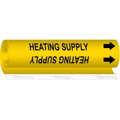 Yellow wrap-around pipe marker with black legend 'Heating Supply' and directional arrows. Fits pipe outer diameters from 1-1/2 to 2-3/8 inches. Used to identify heating supply lines in piping systems, supporting visual communication of pipe contents and flow direction.