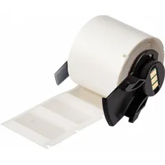 Precut vinyl wraparound label with white matte finish, sized 1 in x 1 1/2 in, for wire gauges 16 AWG to 8 AWG. Compatible with BMP61 printer series and requires M61-R4310 ribbon. Used for permanent identification of wires and cables in panel building, maintenance, and electrical installations.