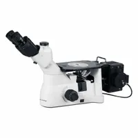 Compound inverted microscope with trinocular head. Optical magnification range from 5X to 50X, maximum magnification 50X. Working distance 72 mm, optical field of view 22 mm. Base dimensions 26 in x 32 in. Suitable for examining live cell cultures, sediment samples, and materials in petri dishes or flasks