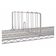 Steel ledge for wire shelving with a silver stainless steel finish. Measures 36 inches in length. Used to organize and separate items on wire shelving systems, preventing products from mixing or falling.