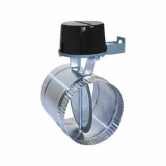 Motorized fresh air intake damper for HVAC ventilation systems. 14 in diameter, normally closed flat-blade design with rubber blade seals. Operates on 24V AC, includes 3-wire harness with modular damper connector. Galvanized steel housing, crimped/slip-over connection, rated for maximum air velocity of 1,000 fpm.