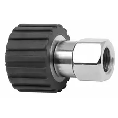 This rotating joint transfers fluid from a stationary supply line into rotating equipment such as drums, shafts, or cylinders. It is made of nickel-plated C38500 brass with a single passage and an M22x1.5 stationary port, supporting a maximum speed of 30 RPM.
