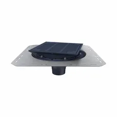 Primary roof drain with deck plate for flat or low-slope roofs. Overall dimensions: 14 in width, 14 in length, 8 7/8 in height. Includes deck plate. Connection type: No Hub.