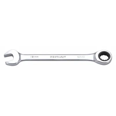 WESTWARD Combination Wrench: Alloy Steel, Chrome, 18 mm Head Size, 9 1/4 in Overall Lg - Metric 12-Point Ratcheting Combination Wrenches