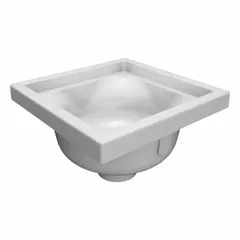 Square open floor sink with a 14 in overall width, 6 3/8 in sump depth, and 4 in nominal pipe size. Solvent weld connection with full grate opening in white finish. Used for collecting and directing wastewater from floor surfaces in commercial and industrial settings.