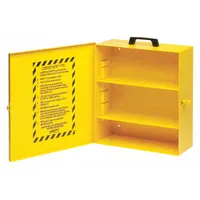 This unfilled lockout station is constructed of metal with a closed cover and adjustable shelf. It is designed for wall mounting and is portable, accommodating small lockout device capacity. The windowless station provides no interior visibility and is supplied without padlocks, suitable for organizing lockout/tagout equipment in industrial settings
