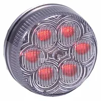 LED clearance marker light with round shape, clear lens, and grommet surface mount. Features PL-2 connector, SAE P2 lens code, and IP67 ingress protection. Used on trucks, trailers, and heavy equipment to mark vehicle width and height