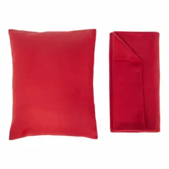This disposable blanket set includes a polyester blanket in orange/red, measuring 77 inches long by 62 inches wide. Suitable for temporary bedding in emergency shelters, camping, or other short-term sleeping arrangements.