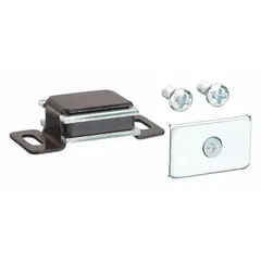 Magnetic push-to-close catch with pull opening action. Constructed from aluminum and steel. Measures 7/16 in height by 1 7/16 in width. Used for latching doors on industrial enclosures, electrical cabinets, and machinery access panels.